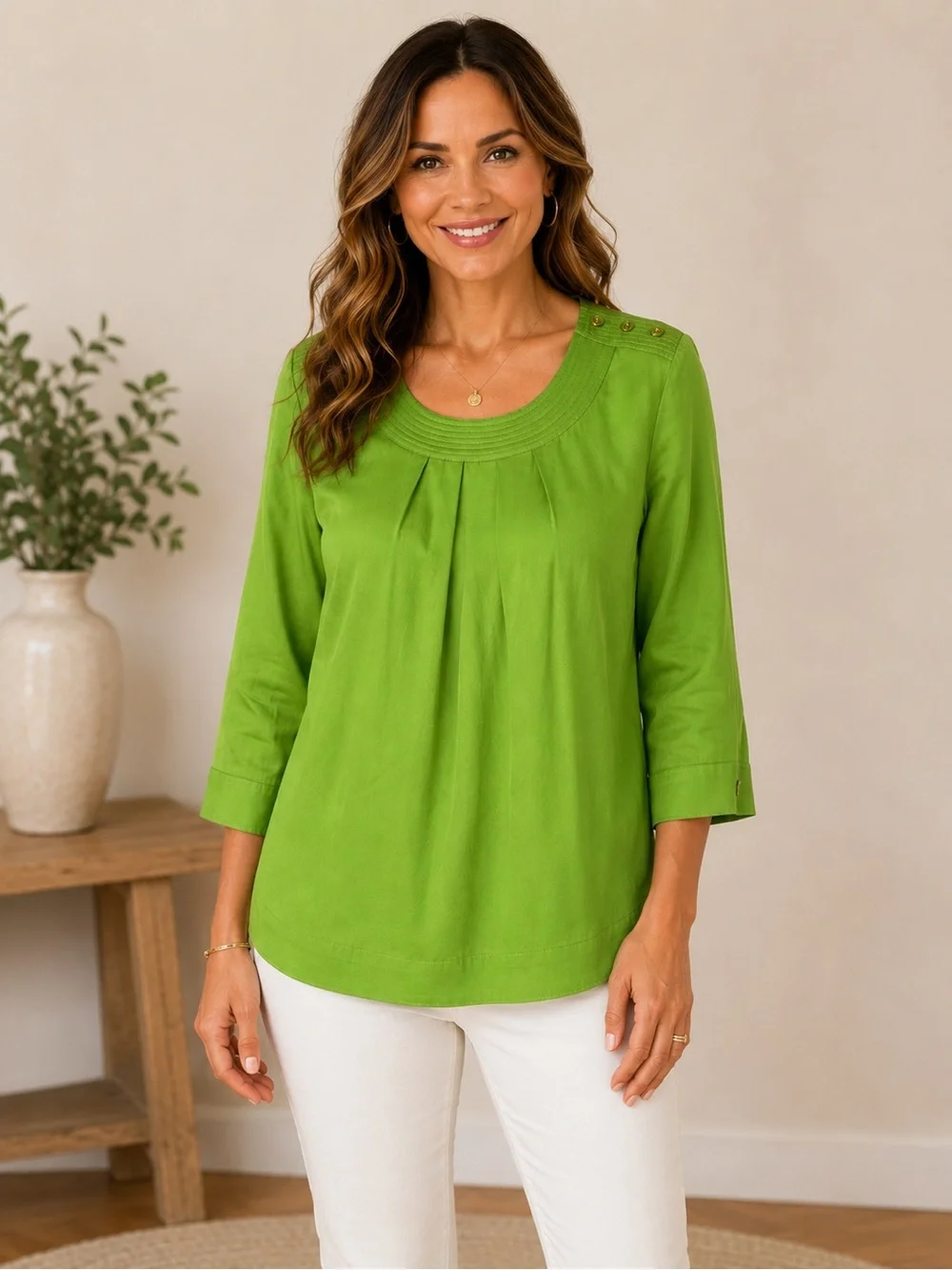 Talbots 100% Tencel Lyocell Lime Green Pleated 3/4 Sleeve Blouse Size 4